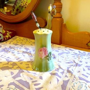 Vintage R S Germany Pink Rose Hat Pin Holder with 4 Vintage Hat Pins